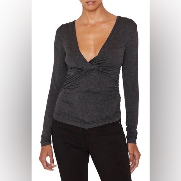 Frame Womens Plunge Twist Neck Long Sleeve Knit Top in Charcoal Heather Small - Picture 1 of 14